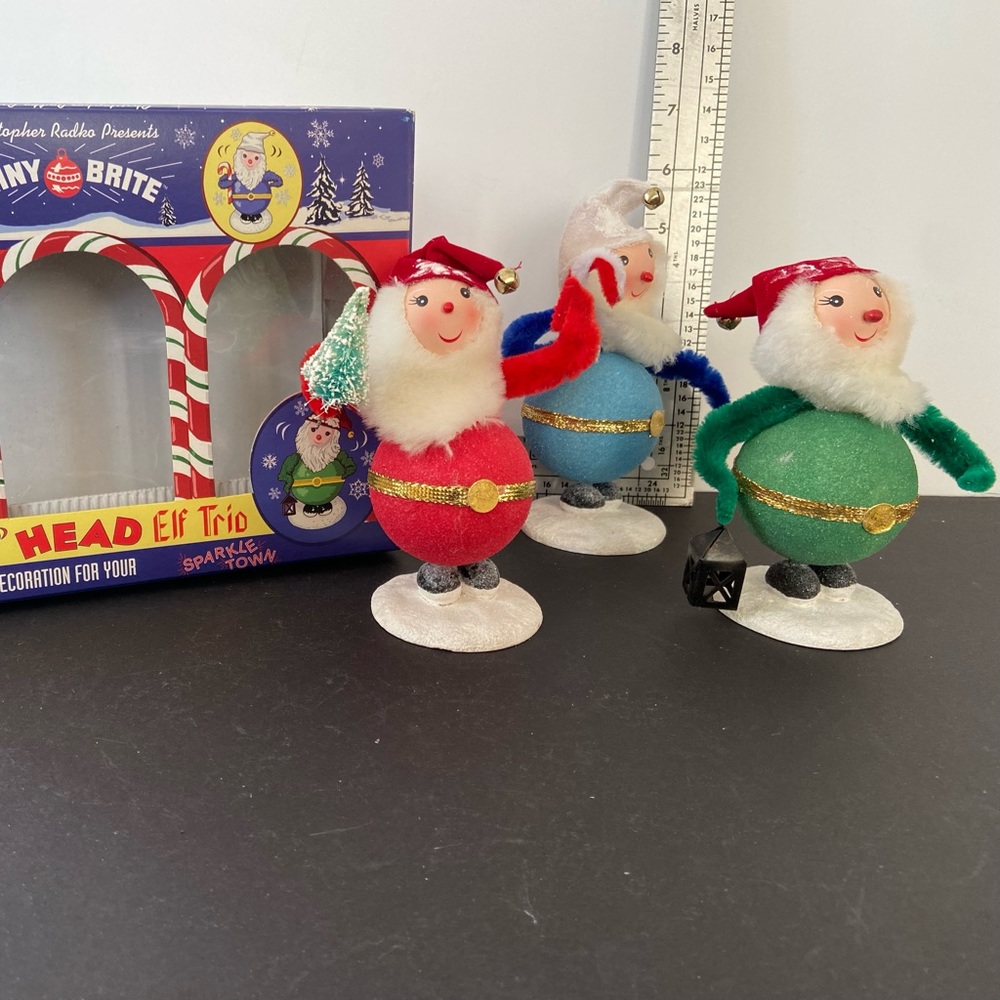 Christopher Radko Shiny Brite Wiggle Head Elf Trio in Orig. Box